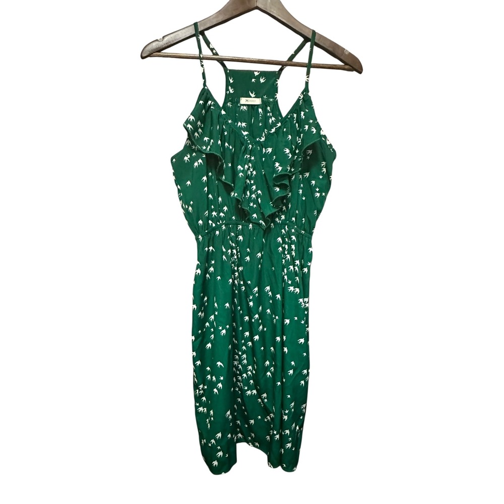 Everly Green Bird‎ Print Ruffle Sun Dress Sleeveless Summer Casual